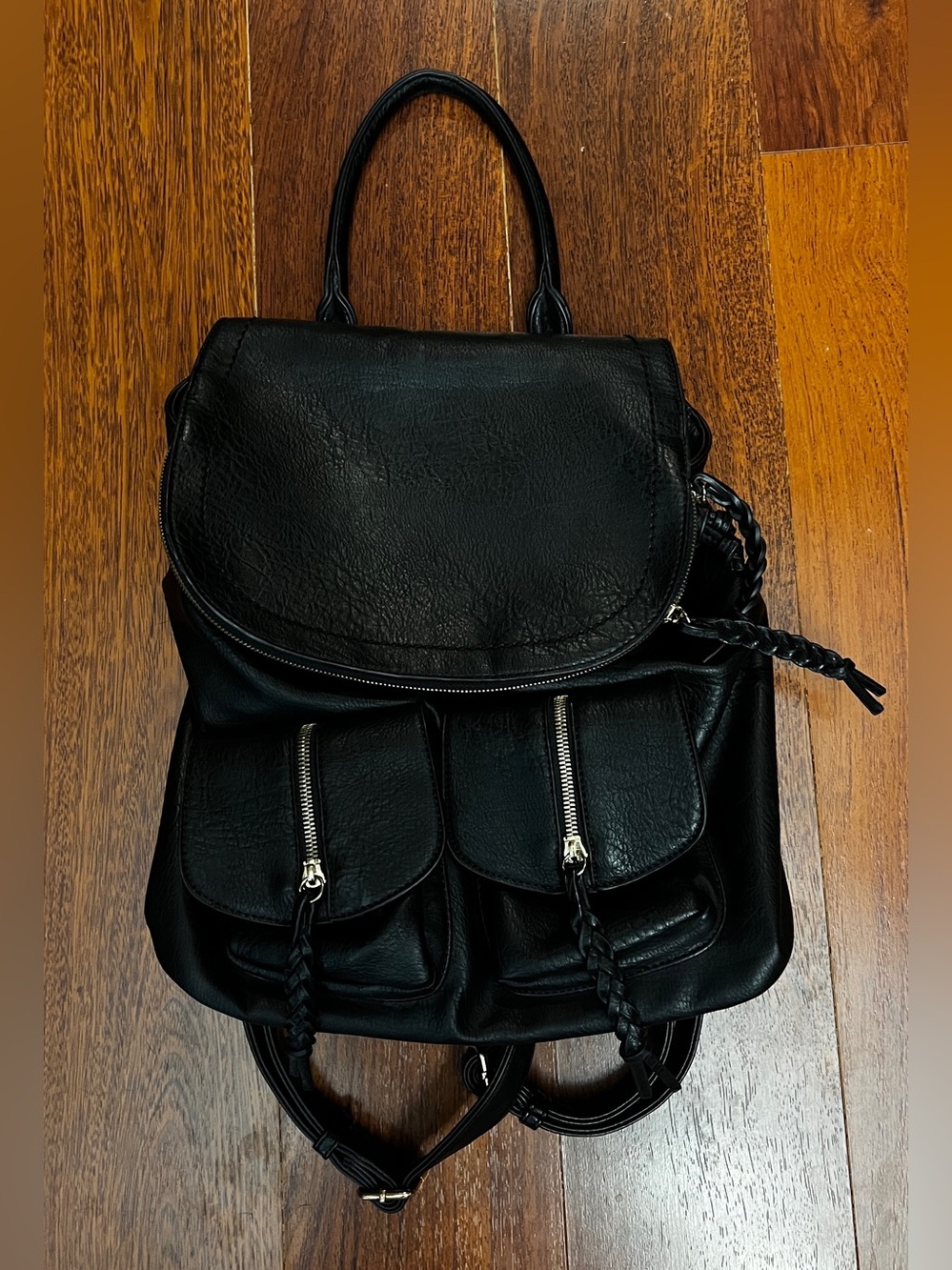 Sole Society black faux leather backpack purse leopard print interior